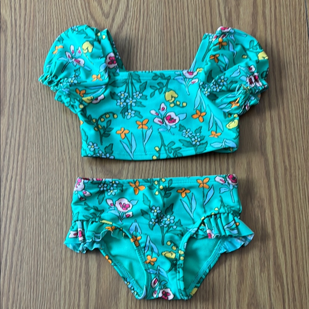 Cat & Jack Floral Kids Swim Bikini - Teal and Multicolor